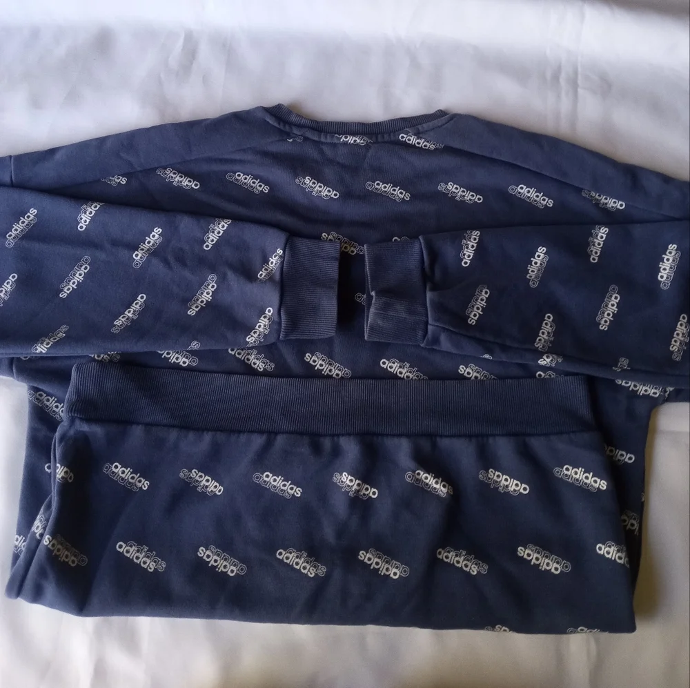 Adidas Favorite Trefoil Tech Indigo Blue All Over Print Logo Sweatshirt Sweater - Picture 9 of 14
